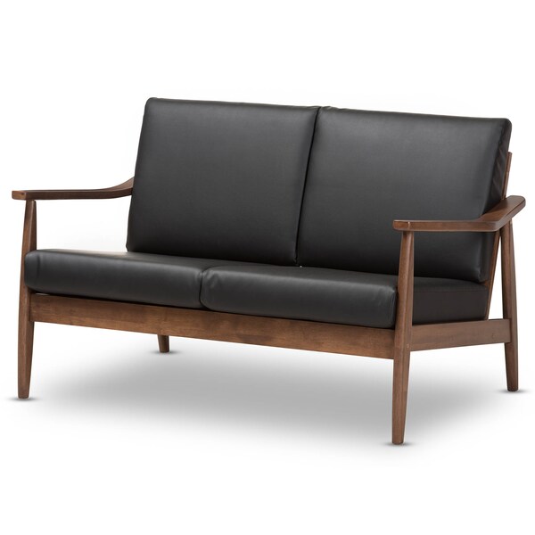 Baxton Studio Venza Walnut Wood Black Faux Leather 2-Seater Loveseat - 140-7553
