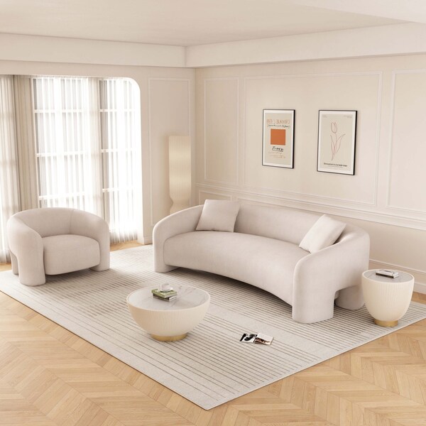 Manhattan Comfort 2-Piece Modern Sylvia Tweed Sofa with Accent Pillows and Accent Chair in Angora - 2-SFAC1770-AN