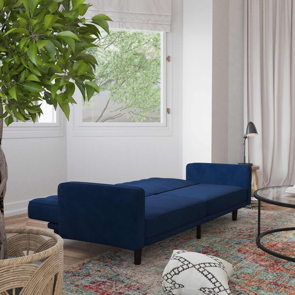 Flash Furniture Navy Velvet Split Back Futon Sofa - Wooden Legs - HC-1060-NV-GG
