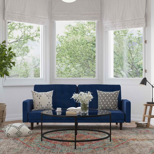 Flash Furniture Navy Velvet Split Back Futon Sofa - Wooden Legs - HC-1060-NV-GG