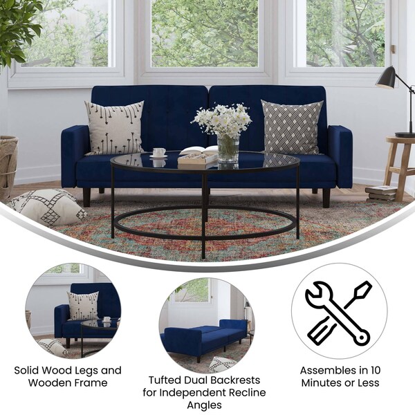 Flash Furniture Navy Velvet Split Back Futon Sofa - Wooden Legs - HC-1060-NV-GG