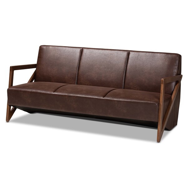 Baxton Studio Christa Mid-Century Fabric Upholstered Faux Leather and Wood Sofa-Dark Brown - 191-11708-ZORO