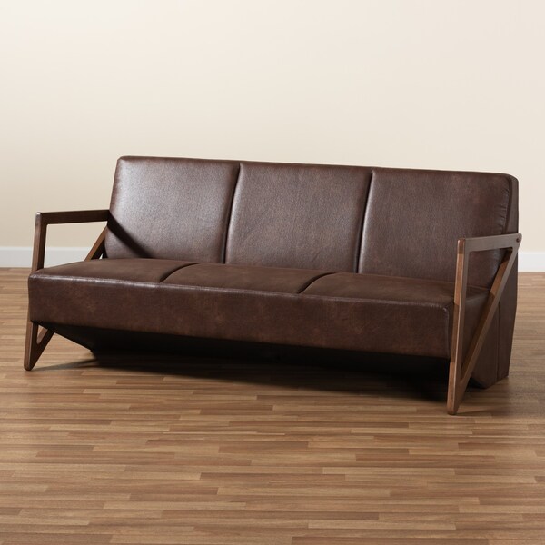 Baxton Studio Christa Mid-Century Fabric Upholstered Faux Leather and Wood Sofa-Dark Brown - 191-11708-ZORO