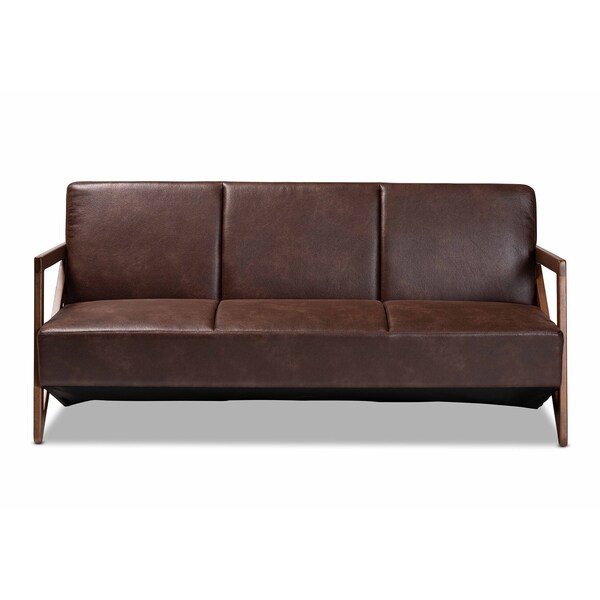 Baxton Studio Christa Mid-Century Fabric Upholstered Faux Leather and Wood Sofa-Dark Brown - 191-11708-ZORO