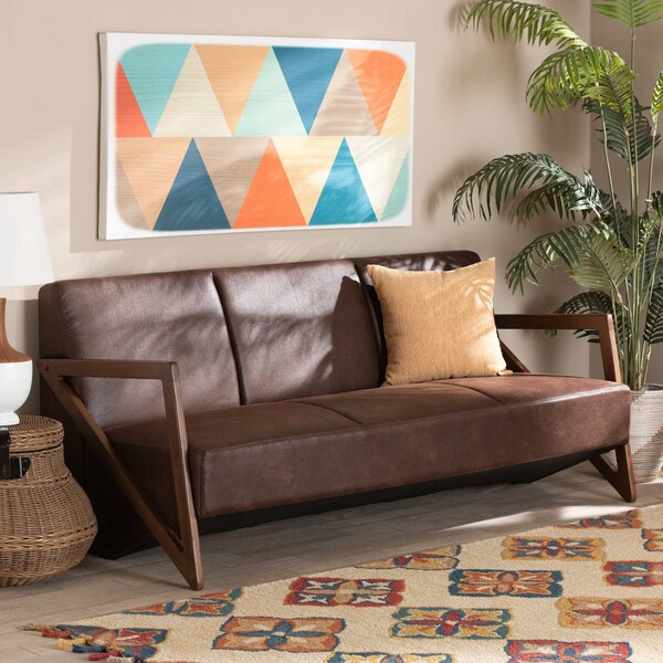 Baxton Studio Christa Mid-Century Fabric Upholstered Faux Leather and Wood Sofa-Dark Brown - 191-11708-ZORO