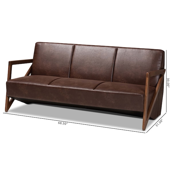 Baxton Studio Christa Mid-Century Fabric Upholstered Faux Leather and Wood Sofa-Dark Brown - 191-11708-ZORO
