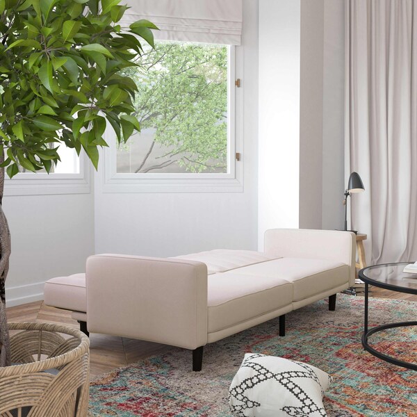 Flash Furniture Stone Faux Linen Split Back Futon Sofa-Wooden Legs - HC-1060-STONE-GG