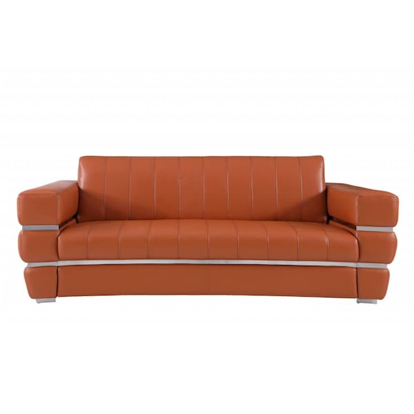 Gfancy Fixtures 89 in. Chrome Accents Genuine Leather Standard Sofa, Camel Brown - GF3105037