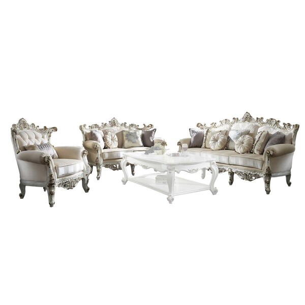 Homeroots 36 x 61 x 45 in. Fabric Antique Pearl Upholstery Poly-Resin Loveseat with 4 Pillows - 348235