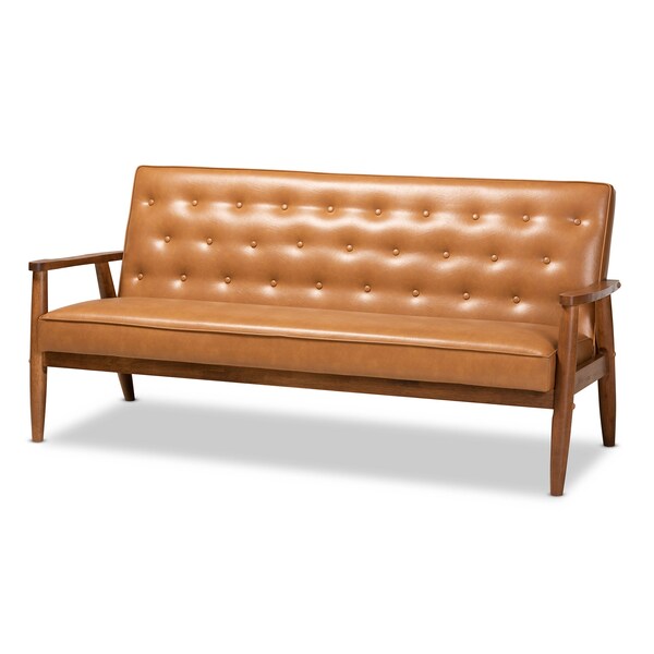 Baxton Studio Sorrento Mid-Century Modern Tan Faux Leather and Walnut Brown Finished Wood Sofa - 175-10979-ZORO