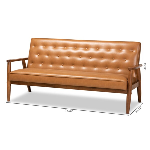 Baxton Studio Sorrento Mid-Century Modern Tan Faux Leather and Walnut Brown Finished Wood Sofa - 175-10979-ZORO