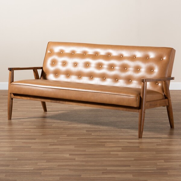 Baxton Studio Sorrento Mid-Century Modern Tan Faux Leather and Walnut Brown Finished Wood Sofa - 175-10979-ZORO