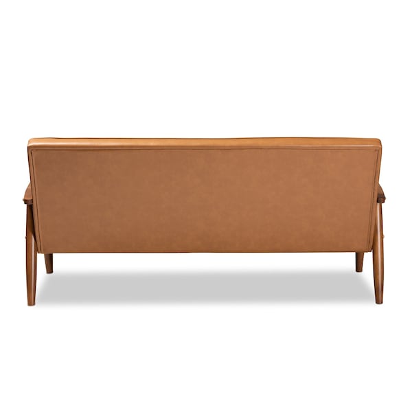 Baxton Studio Sorrento Mid-Century Modern Tan Faux Leather and Walnut Brown Finished Wood Sofa - 175-10979-ZORO