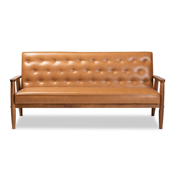 Baxton Studio Sorrento Mid-Century Modern Tan Faux Leather and Walnut Brown Finished Wood Sofa - 175-10979-ZORO