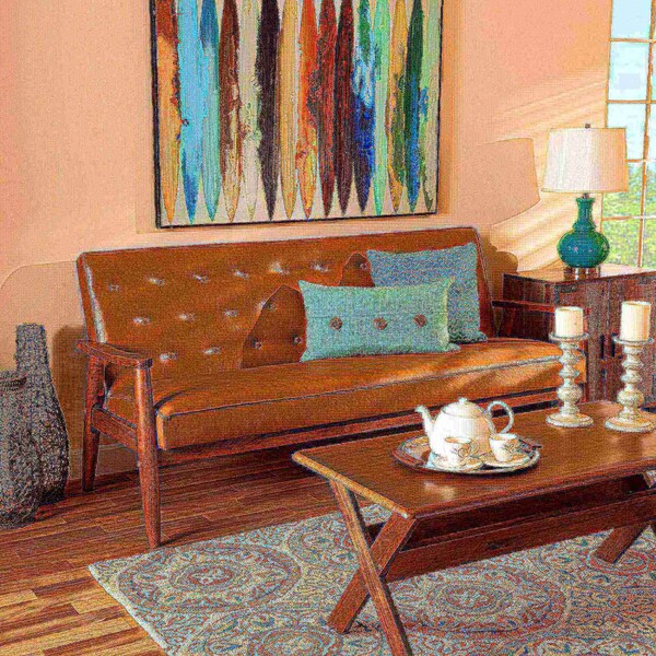 Baxton Studio Sorrento Mid-Century Modern Tan Faux Leather and Walnut Brown Finished Wood Sofa - 175-10979-ZORO