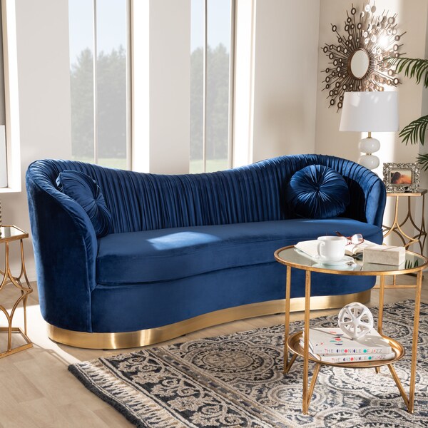 Baxton Studio Nevena Glam Royal Blue Velvet Upholstered Gold-Finished Sofa - 152-9265