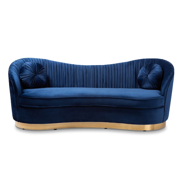 Baxton Studio Nevena Glam Royal Blue Velvet Upholstered Gold-Finished Sofa - 152-9265