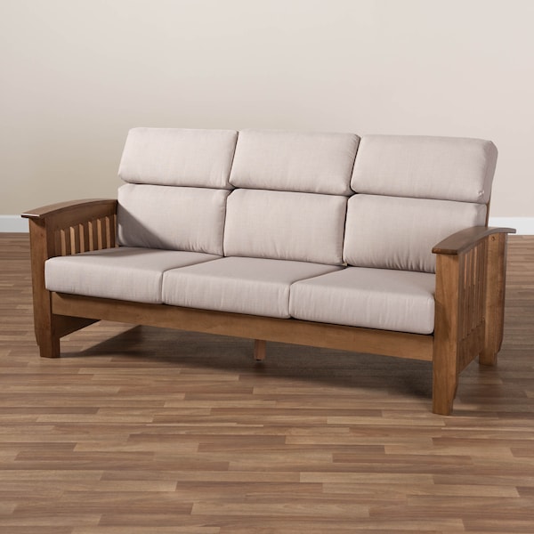 Baxton Studio Charlotte Taupe Upholstered Walnut Finished Wood 3-Seater Sofa - 162-9799