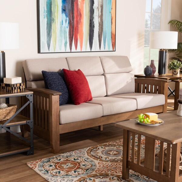 Baxton Studio Charlotte Taupe Upholstered Walnut Finished Wood 3-Seater Sofa - 162-9799
