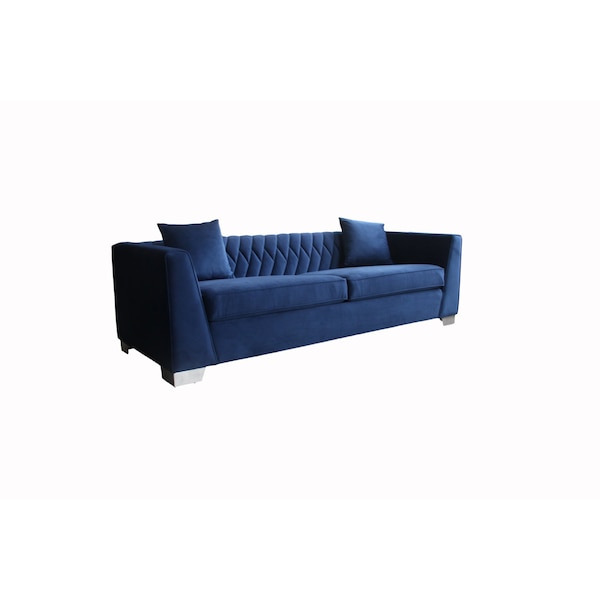 Armen Living Cambridge Contemporary Sofa in Brushed Stainless Steel and Blue Velvet - LCCM3BLUE