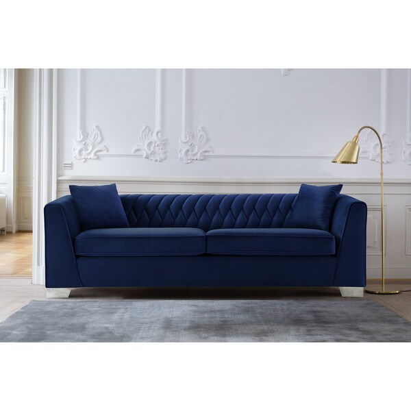 Armen Living Cambridge Contemporary Sofa in Brushed Stainless Steel and Blue Velvet - LCCM3BLUE