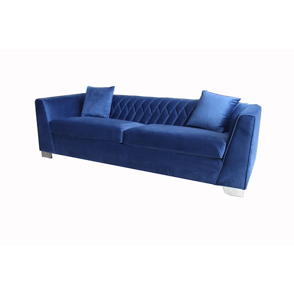Armen Living Cambridge Contemporary Sofa in Brushed Stainless Steel and Blue Velvet - LCCM3BLUE
