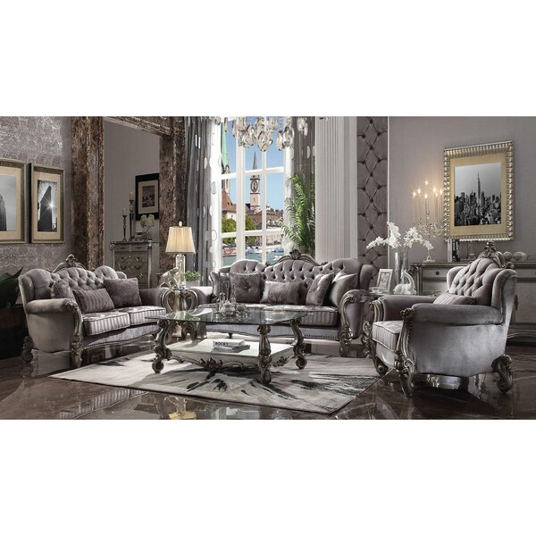 Homeroots 45 x 92 x 47 in. Velvet Antique Platinum Upholstery Poly Resin Sofa with 5 Pillows - 348645