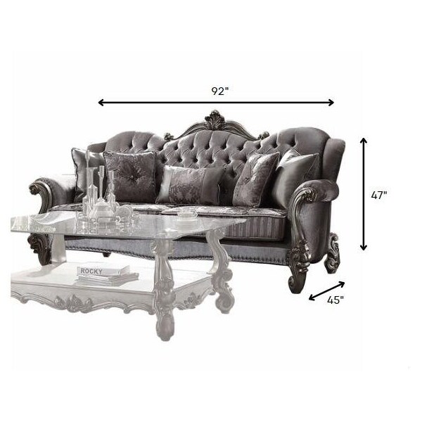 Homeroots 45 x 92 x 47 in. Velvet Antique Platinum Upholstery Poly Resin Sofa with 5 Pillows - 348645