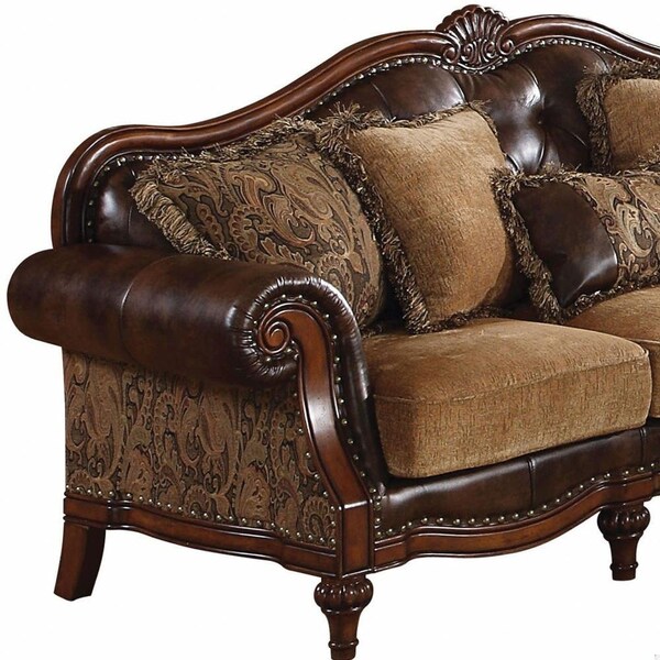 Homeroots 37 x 93 x 42 in. PU Chenille Upholstery Wood Sofa with 5 Pillows - 348631
