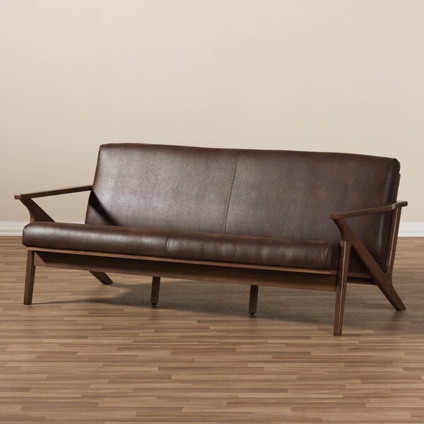 Baxton Studio Bianca Walnut Wood Dark Brown Distressed Faux Leather 3-Seater Sofa - 140-7546