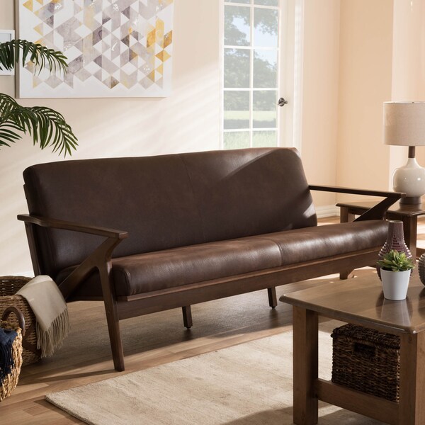 Baxton Studio Bianca Walnut Wood Dark Brown Distressed Faux Leather 3-Seater Sofa - 140-7546