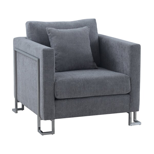 Armen Living Heritage Gray Fabric Upholstered Accent Chair with Brushed Stainless Steel Legs - LCHT1GREY