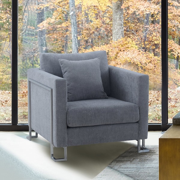 Armen Living Heritage Gray Fabric Upholstered Accent Chair with Brushed Stainless Steel Legs - LCHT1GREY