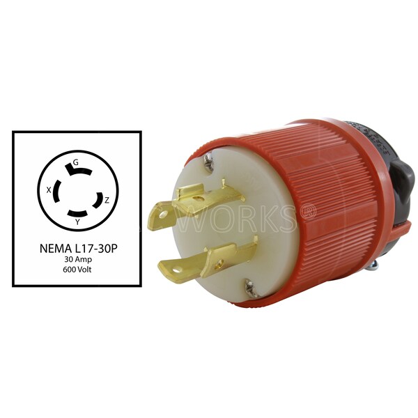 Ac Works NEMA L17-30P 3-Phase 30A 600V 4-Prong Locking Male Plug with UL, C-UL Approval in Orange - ASL1730P