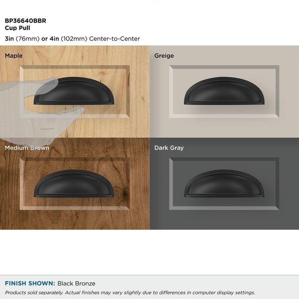 Amerock Ashby 3 inch or 4 inch 76mm or 102mm Center-to-Center Black Bronze Cabinet Cup Pull - BP36640BBR