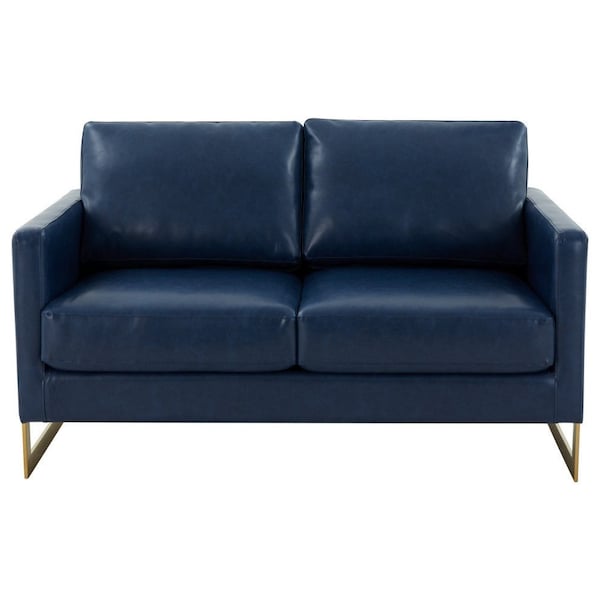 Leisuremod Lincoln Upholstered Leather Loveseat with Gold Frame, Navy Blue - LA55BU-L
