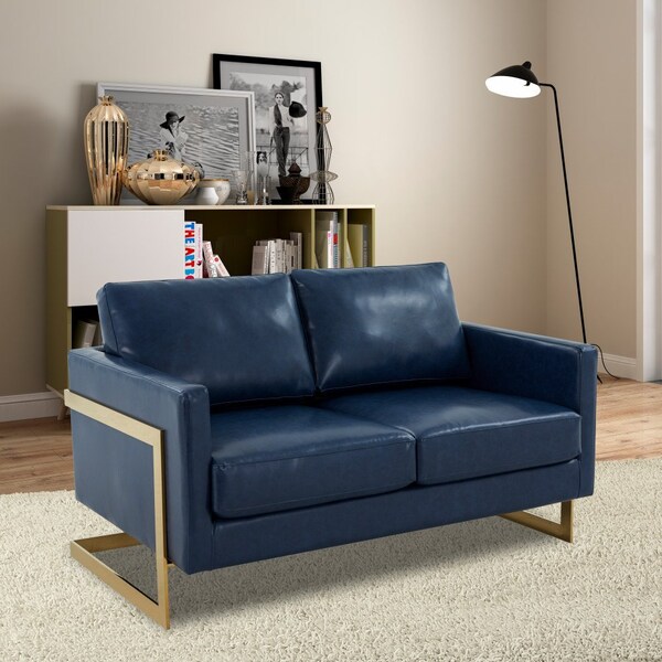 Leisuremod Lincoln Upholstered Leather Loveseat with Gold Frame, Navy Blue - LA55BU-L