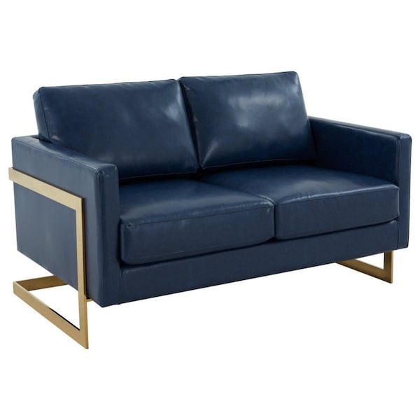 Leisuremod Lincoln Upholstered Leather Loveseat with Gold Frame, Navy Blue - LA55BU-L
