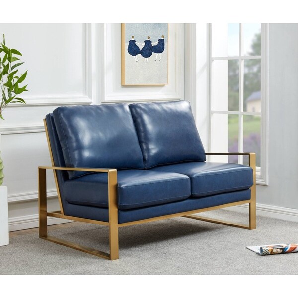 Leisuremod Jefferson Leather Loveseat with Gold Frame, Navy Blue - JAG53NBU-L
