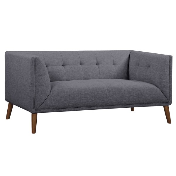 Armen Living Hudson Mid-Century Button-Tufted Loveseat in Dark Gray Linen and Walnut Legs - LCHU2DG