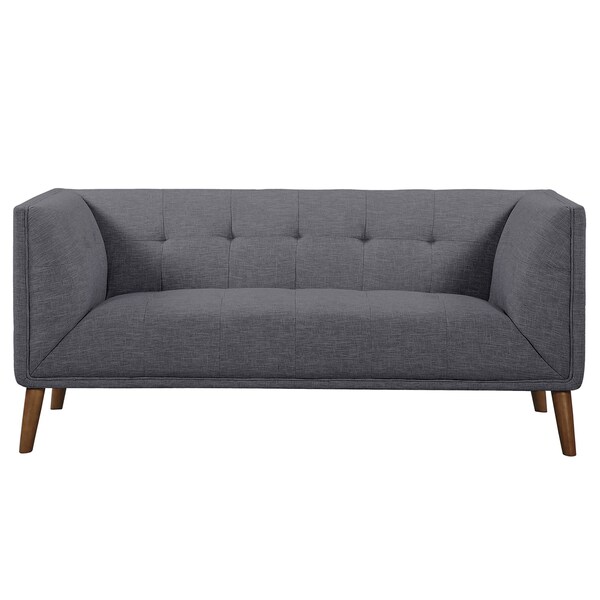 Armen Living Hudson Mid-Century Button-Tufted Loveseat in Dark Gray Linen and Walnut Legs - LCHU2DG