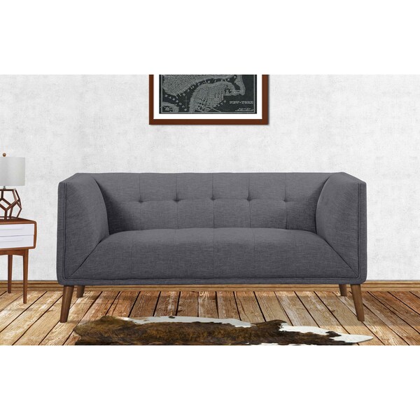 Armen Living Hudson Mid-Century Button-Tufted Loveseat in Dark Gray Linen and Walnut Legs - LCHU2DG