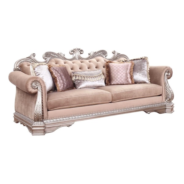 Gfancy Fixtures 42 x 100 x 42 in. Velvet Antique Champagne Upholstery Poly-Resin Sofa with 5 Pillows - GF3100186