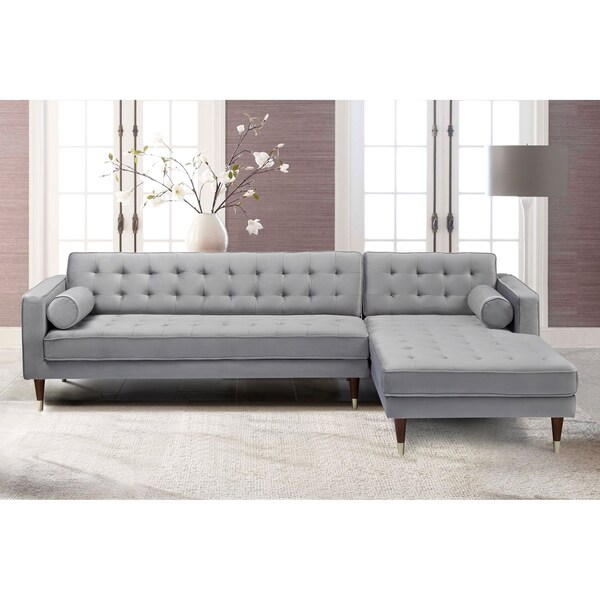 Armen Living Somerset Gray Velvet Mid Century Modern Right Sectional Sofa - LCSMSEGRY