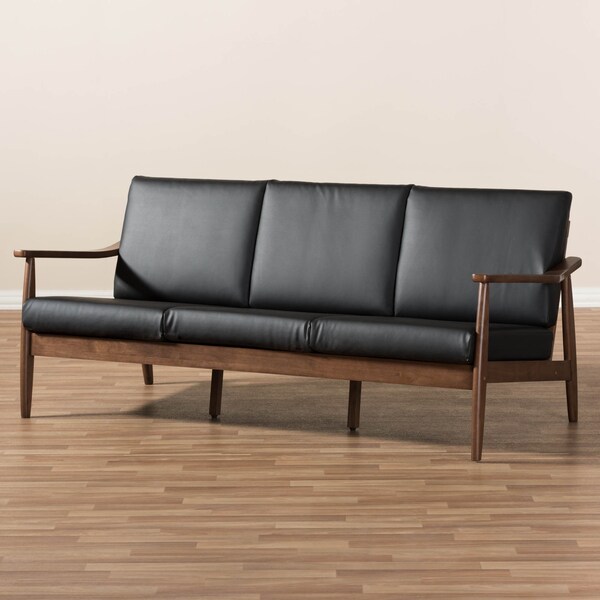 Baxton Studio Venza Walnut Wood Black Faux Leather 3-Seater Sofa - 140-7554
