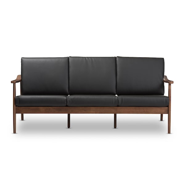 Baxton Studio Venza Walnut Wood Black Faux Leather 3-Seater Sofa - 140-7554