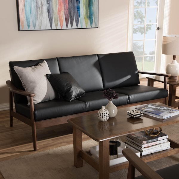 Baxton Studio Venza Walnut Wood Black Faux Leather 3-Seater Sofa - 140-7554
