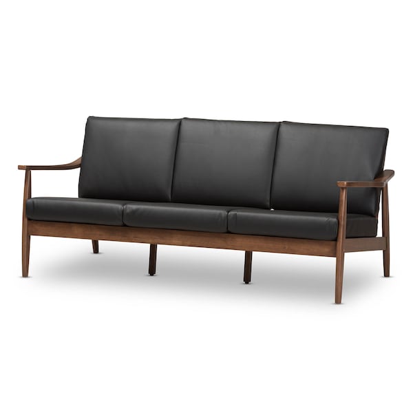 Baxton Studio Venza Walnut Wood Black Faux Leather 3-Seater Sofa - 140-7554