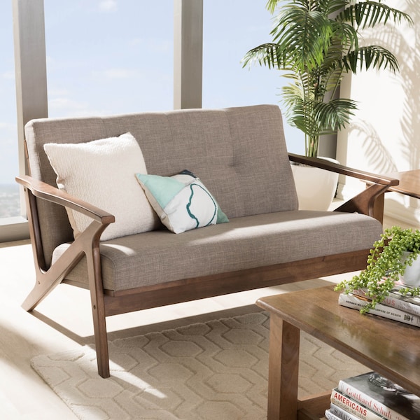 Baxton Studio Bianca Walnut Wood Light Grey Tufted 2-Seater Loveseat - 140-7549