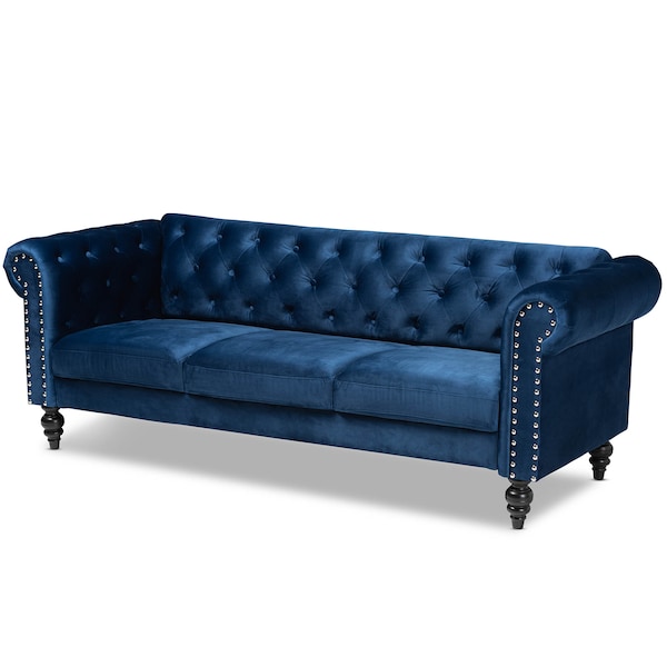 Baxton Studio Emma Navy Blue Velvet Upholstered and Button Tufted Chesterfield Sofa - 163-10309